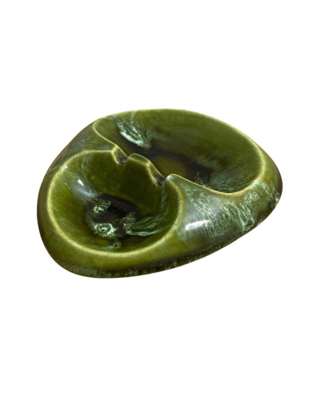 Vtg Marcia Of CA USA Avocado Green Brown Drip Ceramic Ashtray W105 Mid Century